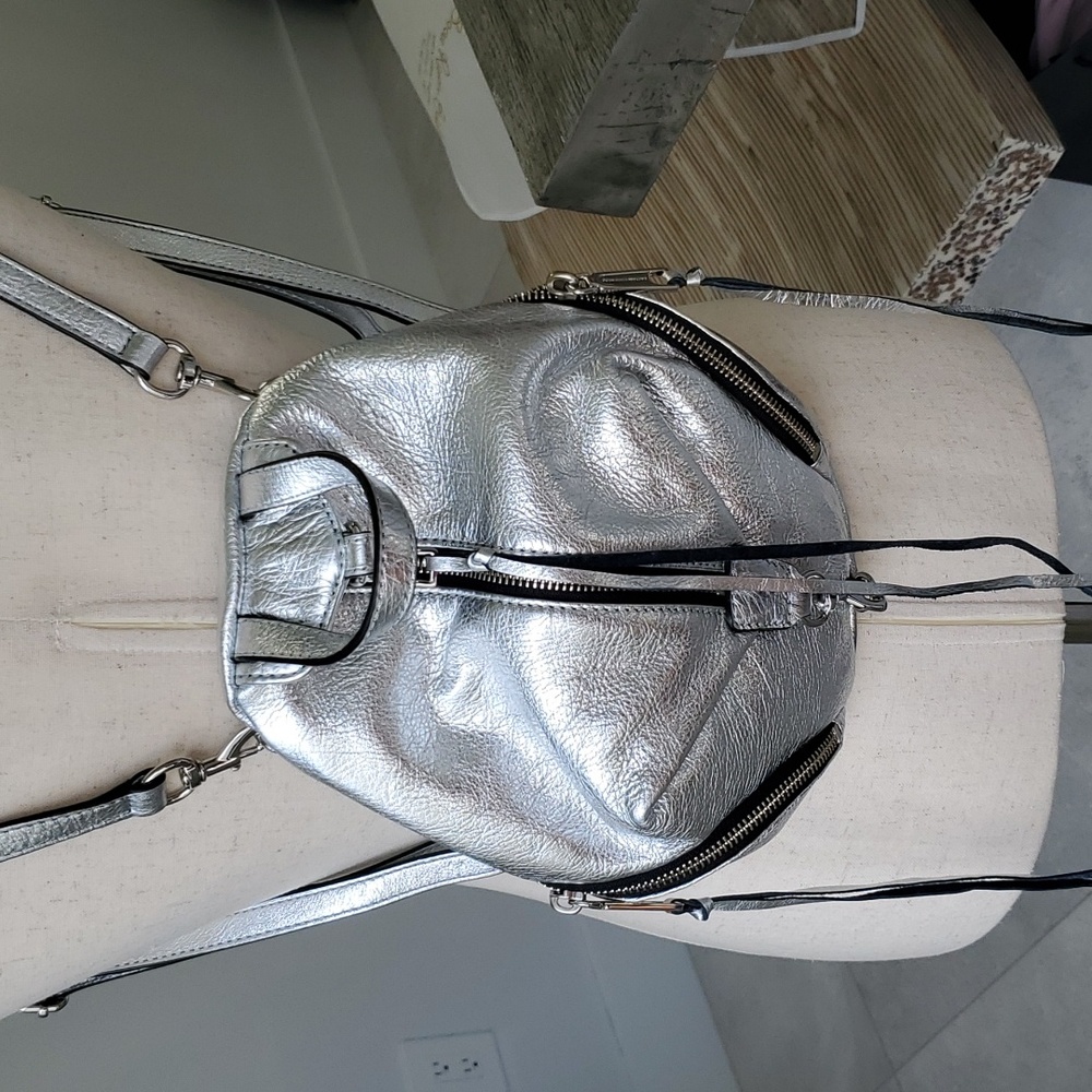 Rebecca Minkoff silver leather backpack bag with convertible straps